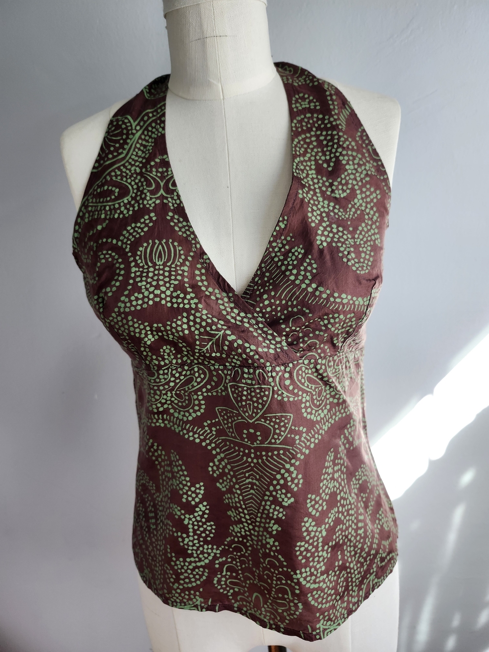 VTG 80's La Redoute Halter V Neck Washable Silk Tank in Brown with Green Print 4